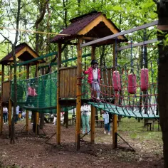 Wesoły park rozrywki dla dzieci podkarpackie z torem przeszkód w lesie. Dzieci bawią się na drewnianych platformach i mostkach.
