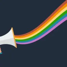 Ręka trzyma megafon, z którego wydobywa się tęcza. To symbol tego, co oznacza skrót LGBT: miłość, akceptacja i różnorodność.