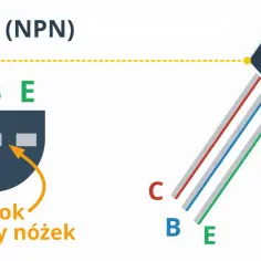 Schemat pokazuje tranzystor bipolarny BC546 (NPN) z wyprowadzeniami C, B, E. Widok od strony nóżek.