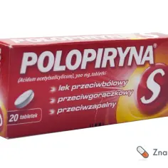 Opakowanie leku Polopiryna S, zawierające 20 tabletek. Skuteczny lek przeciwbólowy, przeciwgorączkowy i przeciwzapalny.