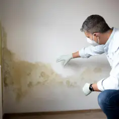 Mężczyzna w masce i rękawiczkach ogląda ściany z widoczną pleśnią. Planuje użyć farby na pleśń i grzyby.