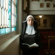 Mniszka z otwartą księgą przy witrażowym oknie, pogrążona w modlitwie po spowiedzi.