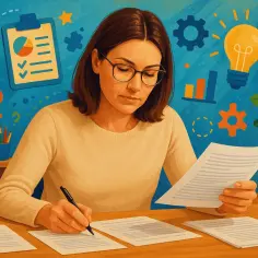 Kobieta w okularach pracuje nad dokumentami, symbolizując indywidualny tok nauczania. W tle puzzle, żarówka i wykresy.