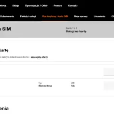 Widok panelu Orange z informacją o planie taryfowym i karcie SIM. Widoczna aktywna karta SIM z numerem 11668461.