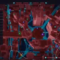 Mapa Night City z widoczną wieżą Arasaka. W menu po lewej stronie widać opcje takie jak Jobs, Gigs, Fast Travel.