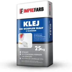 Imprefarb klej do ociepleń biały z włóknem, 25kg. Do przyklejania płyt styropianowych na zewnątrz i wewnątrz budynków.