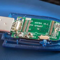 Rozłożony pendrive z widoczną zieloną płytką drukowaną, złączem USB i elementami elektronicznymi. Może być sformatowany w systemie FAT32.