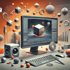 Komputer z otwartym programem Blender, otoczony geometrycznymi kształtami i elementami studia.
