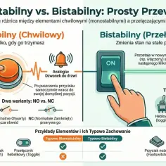 Ilustracja porównuje działanie elementów monostabilnych (jak przycisk dzwonka) i bistabilnych (jak włącznik światła). Przycisk monostabilny działa tylko podczas nacisku, a bistabilny zmienia stan na stałe.