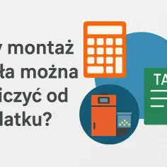 Grafika z kotłem na pellet, kalkulatorem i dokumentem TAX.