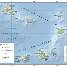 Mapa polityczny Wysp Zielonego Przylądka, pokazujący ich położenie na Oceanie Atlantyckim.