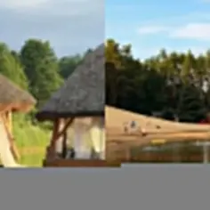 Fajne miejsca nad wodą łódzkie: urokliwe chatki z trzciny i piaszczysta plaża z kąpiącymi się ludźmi.