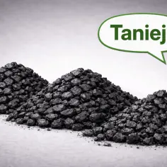 Trzy hałdy ekogroszku. Dymek z napisem "Taniej?" sugeruje pytanie o to, ile kosztuje tona ekogroszku.