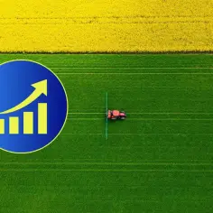 Wykres wzrostu na tle pól rzepaku i zielonej trawy, gdzie pracuje traktor. Wskazuje na rosnącą cenę ziemi rolnej.