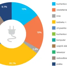 Wykres kołowy pokazuje zużycie energii przez urządzenia domowe, co wpływa na nieodnawialne źródła energii. Najwięcej prądu pobiera pralka (28,1%).