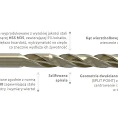 Zbliżenie na wiertło do metalu z zaznaczonymi cechami: szlifowana spirala, kąt wierzchołkowy 135°, geometria dwuściennej wierzchołki.