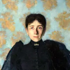Portret kobiety w czarnej sukni, z błękitnymi oczami i ozdobnym zapięciem. Ciekawostki o Oldze Boznańskiej mogą dotyczyć jej unikalnego stylu.