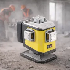 Żółta poziomica laserowa na budowie, w tle pracownicy.