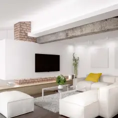 Nowoczesny salon z białymi sofami i podciągiem zamiast ściany nośnej, który dodaje industrialnego charakteru.