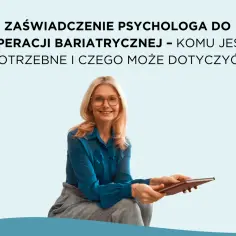Uśmiechnięta psycholog z tabletem w dłoniach. Temat: zaświadczenie od psychologa o terapii przed operacją bariatryczną.
