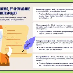 Jak sprawić, by opowiadanie było interesujące? Wskazówki: zaskakujące zwroty akcji, ciekawe postacie, wciągające miejsca akcji i emocje bohatera.
