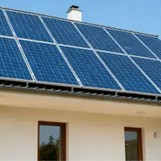 Panele fotowoltaiczne na dachu białego domu, zbierające energię słoneczną.