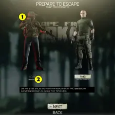 Wybierz postać: Scav w masce i z bronią lub PMC. Przygotuj się na rajd i ucieczkę z Tarkov.