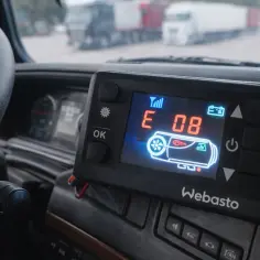 Panel sterowania Webasto w kabinie ciężarówki, wyświetla błąd E08. Może to być sygnał, że trzeba dowiedzieć się, jak zresetować Webasto.