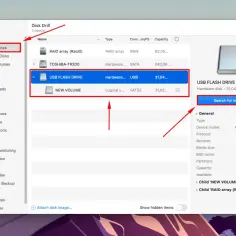 Jak podłączyć pendrive do komputera? Program Disk Drill pokazuje podłączony pendrive USB jako "USB FLASH DRIVE" gotowy do wyszukiwania utraconych danych.