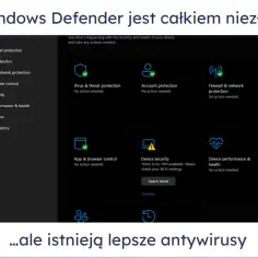 Interfejs Windows Defender z sekcjami ochrony przed wirusami, kontem, zaporą sieciową i innymi. Wszystko działa poprawnie.