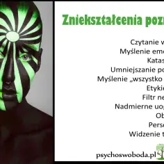Twarz z zielono-czarnym wzorem, symbolizującym zniekształcenia poznawcze przykłady. Lista zawiera m.in. katastrofizację i myślenie "wszystko albo nic".