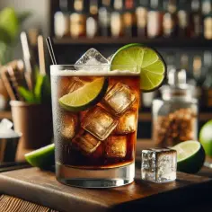 Idealne proporcje cuba libre: rum, cola i limonka na lodzie. Orzeźwiający drink na drewnianym blacie.