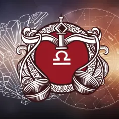 Symbol wagi z ozdobnym obramowaniem i kryształami. W tle koło zodiaku, sugerujące, że waga to wrzesień.