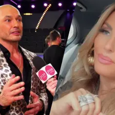 Tomasz Wygoda w panterkowej marynarce udziela wywiadu. Obok jego żona, która z dumą nosi pierścionki, a w tle widać ich dzieci.