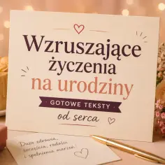 Urodzinowa kartka z napisem "Wzruszające życzenia na urodziny", obok tort z płonącymi świecami, prezent i bukiet róż. Idealne życzenia dla mamy.