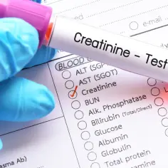 Rękawiczka medyczna trzyma probówkę z napisem "Creatinine - Test". Obok zaznaczono pole "Creatinine" na formularzu badań.