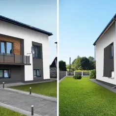 Nowoczesne elewacje domów piętrowych z lat 80. z elementami drewna i betonu. Dwa ujęcia tej samej posesji z różnej perspektywy.