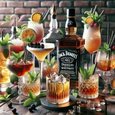Butelka Jacka Danielsa i kilka drinków z nią. Jak pić Jacka Danielsa? Z lodem, limonką i miętą, albo w formie koktajlu.