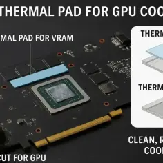 Karta graficzna z nałożonymi termopadami na VRAM i GPU. Pokazano porównanie termopadów i pasty termoprzewodzącej.