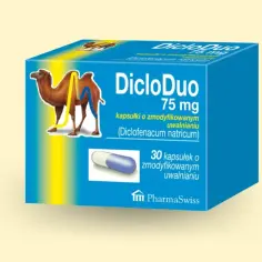 Opakowanie leku DicloDuo 75 mg, zawierające kapsułki o zmodyfikowanym uwalnianiu. To leki przeciwbólowe na receptę, które pomagają złagodzić ból.