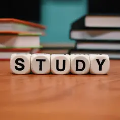 Kostki z literami tworzą napis STUDY. W tle stosy książek, sugerujące naukę i symulację wiedzy.