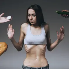 Chuda kobieta odrzuca jedzenie, symbolizując walkę z anoreksją.