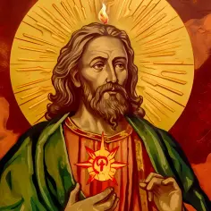 Św. Juda Tadeusz, patron trudnych spraw, z płomieniem nad głową i gwiazdą na piersi. Jego cuda inspirują wiernych.
