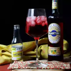 Orzeźwiający martini z tonikiem, z butelką toniku i butelką Martini Vibrante.