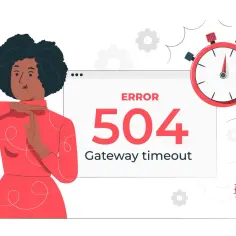 Kobieta pokazuje znak "stop", obok komunikat błędu 504 Gateway timeout. Czas minął, serwer nie odpowiada.