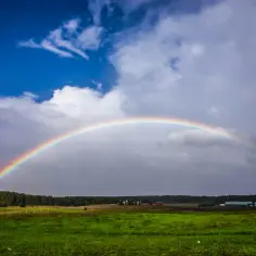 Tęcza nad zieloną łąką i lasem, jak obiecana ziemia.