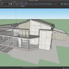 Projekt domu w SketchUp, alternatywa dla AutoCAD za darmo. Widok przekroju nowoczesnej bryły z przeszklonymi ścianami i tarasem.