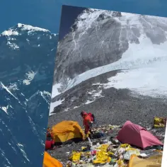 Widok na ośnieżone szczyty, w tym Mount Everest, który znajduje się w Nepalu. Obok obóz z namiotami i śmieciami.