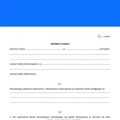 Umowa o dzieło, kluczowy dokument dla rozliczeń i podatku. Określa strony i przedmiot zlecenia.