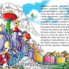 Wesoła lokomotywa z wesołym maszynistą i zwierzątkami w wagonach, ilustracja do wierszy Juliana Tuwima.